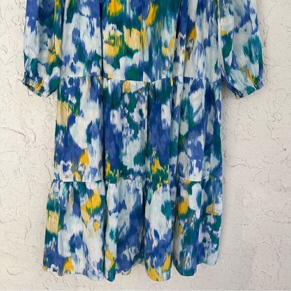 DONNA MORGAN Linen Floral Midi Dress 10 Puff Sleeve Square Neck Bohemian Prairie - Picture 10 of 11